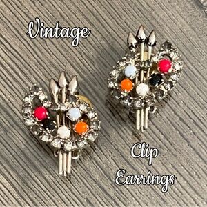 Vintage Artist Pallet Rhinestone Clip Earrings